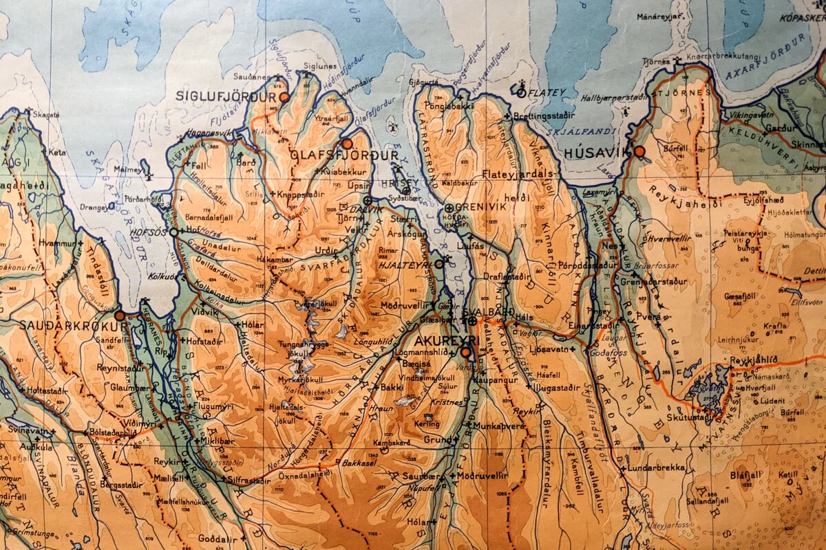 carte topographique montrant le nord de l'Islande