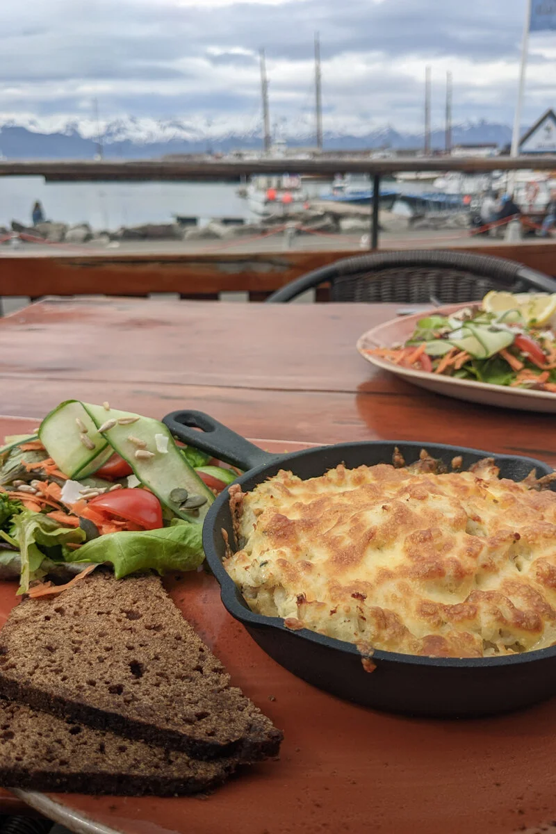 assiette d'un plat gratiné avec salade et pain en terrasse en bordure du port d'Husavik