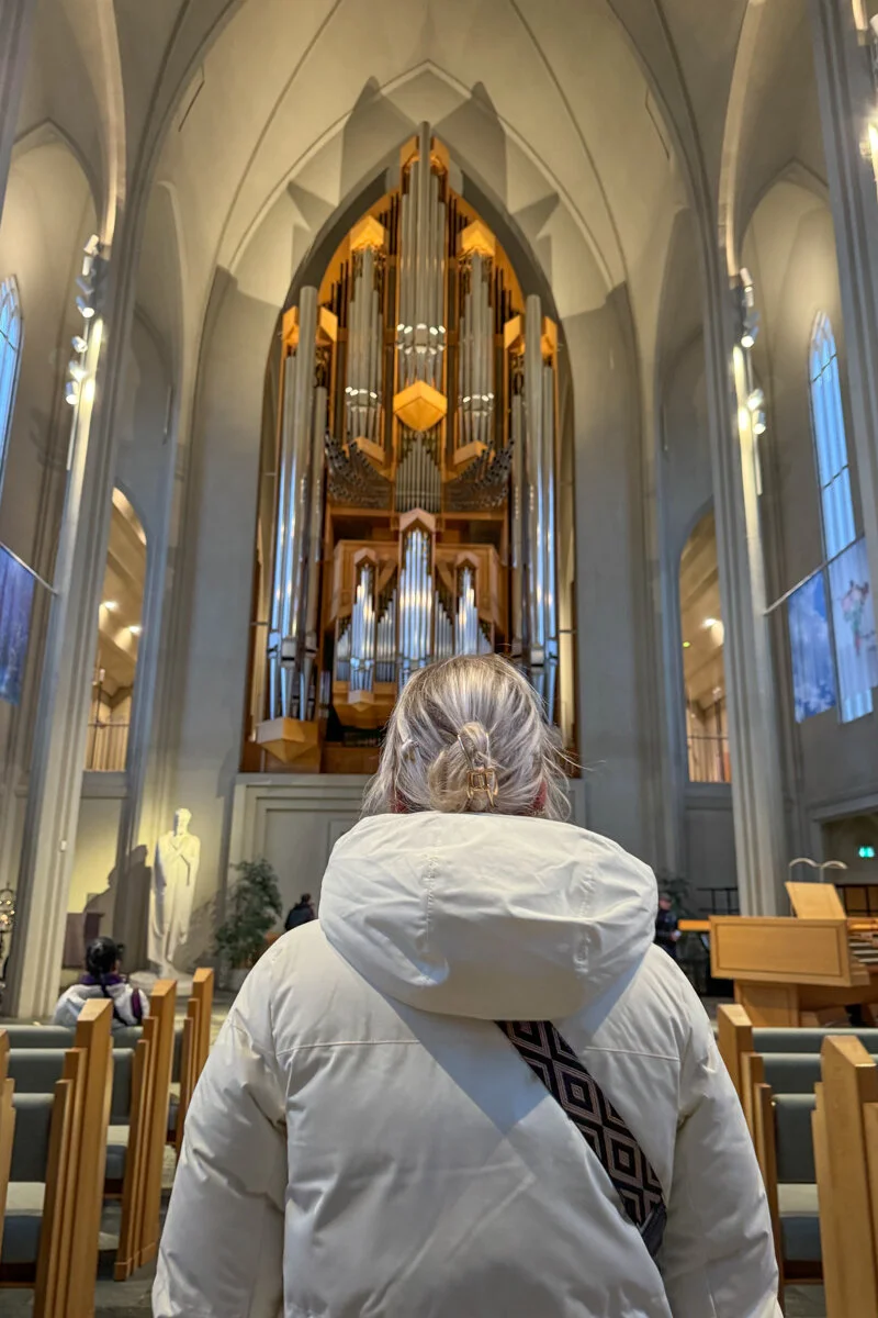 personne de dos dans une église regardant l'orgue