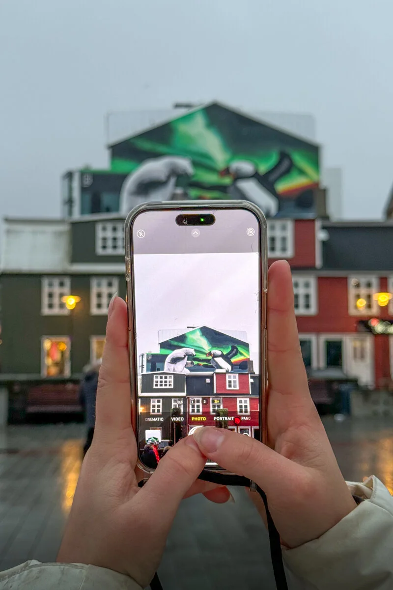 une main tient un téléphone pour prendre en photo un street art